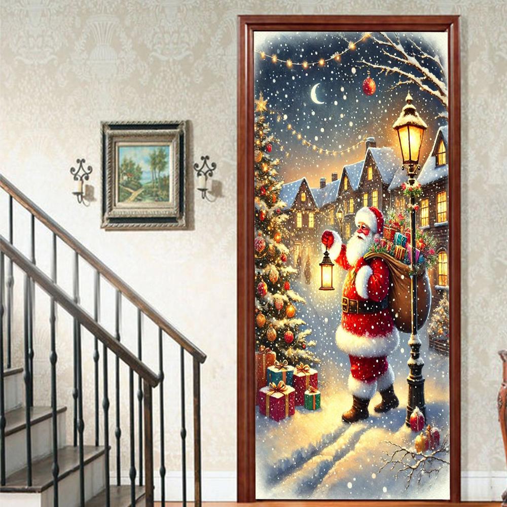Рождественский Дед Мороз ПВХ Самоклеящаяся Водонепроницаемая Наклейка на Дверь Современная Имитация Фреска Обои Гостиная Кабинет Домашний Декор Искусство Постер на Дверь
