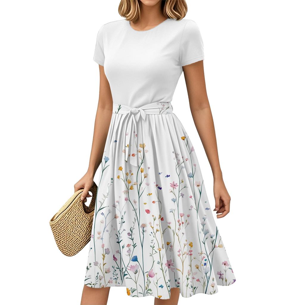 Женская мода Повседневный пояс С коротким рукавом Круглый вырез Геометрический принт Сплайсинг Элегантные платья с темпераментом