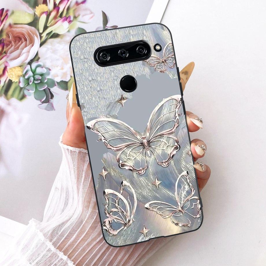For LG V40 V50s V35 ThinQ LG V8X ThinQ V30 2017 Phone Case Soft TPU Bumper Back Cover Cool Cartoon Luxury Butterfly Flower Funda