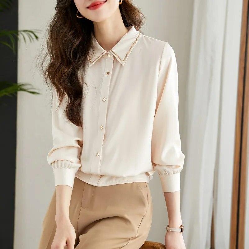 Модная шелковая блузка, женские рубашки с длинным рукавом на пуговицах, элегантные женские топы с отложным воротником, шикарная одежда 29468
