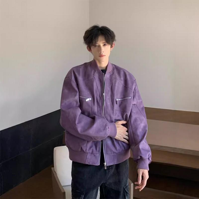 Mens PU Leather Flight Jacket Loose Fit Zipper Streetwear Purple Black