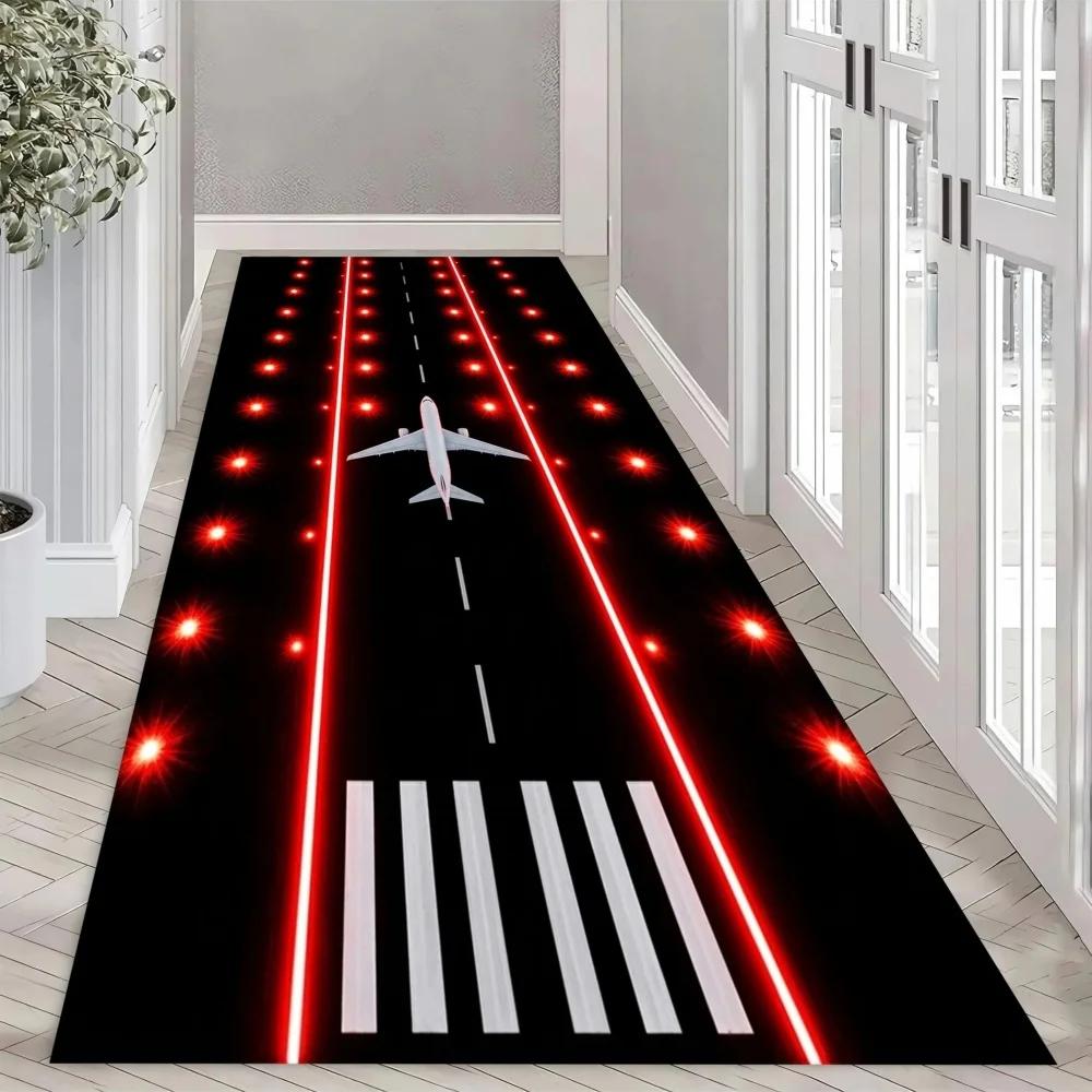 Airplane Runway Long Runner Rug Non Slip Washable Kitchen Mat Black Based Aircraft Graphic Hallway Corridor Entryway Carpet