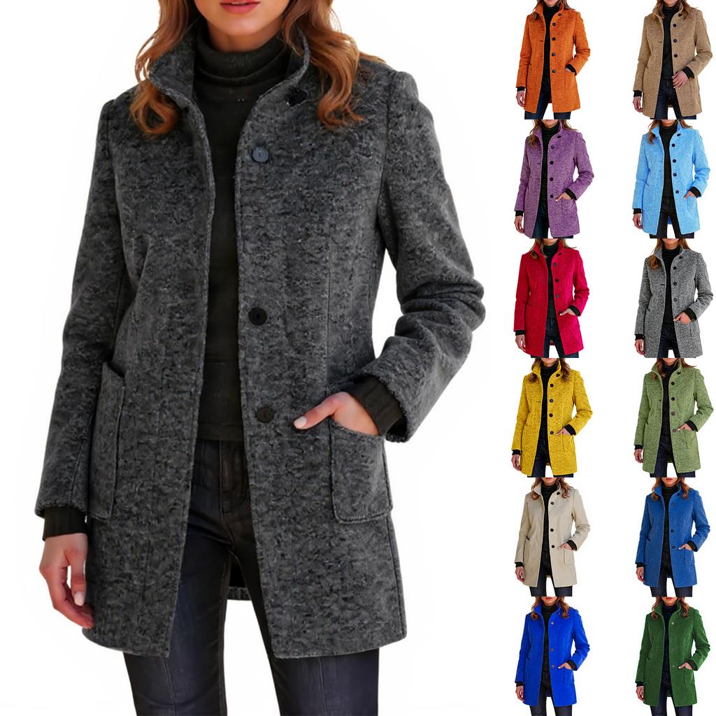 Ladies' Casual And Fashionable Solid Color Button Up Collar Woolen Coat