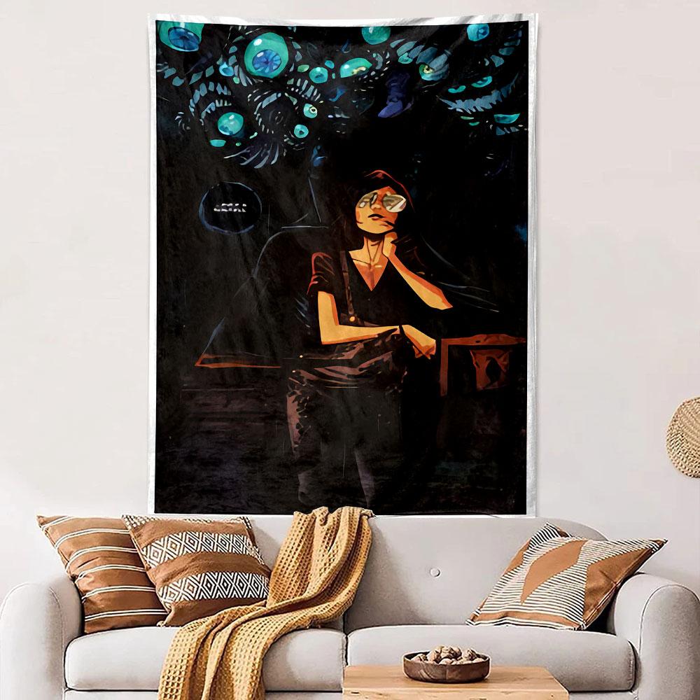 Dark Woman with Eyes Tapestry Wall Hanging, Eerie All Seeing Eyes Artwork, Gothic Wall Decor for Bedroom Living Room Dorm