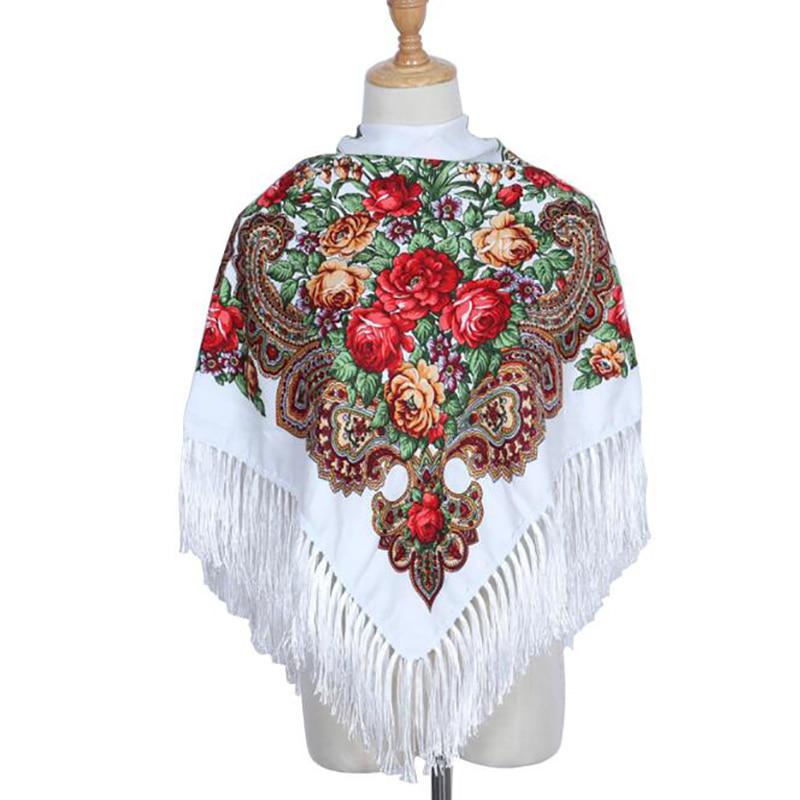 Retro Women's Tassel Shawl Floral Printed Cotton Vintage Lady Fringed Long Tassel