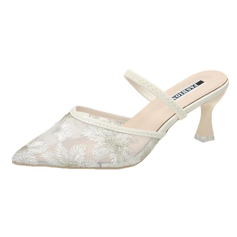 Элегантные цветочные босоножки на высоком каблуке для женщин больших размеров сетчатые дышащие с острым носком шлепанцы летние легкие туфли на тонком каблуке