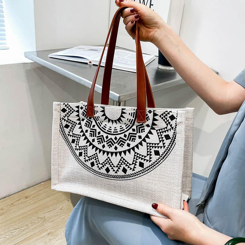 Large Capacity Ethnic Style Shopping Bag Women's 2024 New Simple Portable Tote Bag Class Commuting Cotton and Linen Handbag