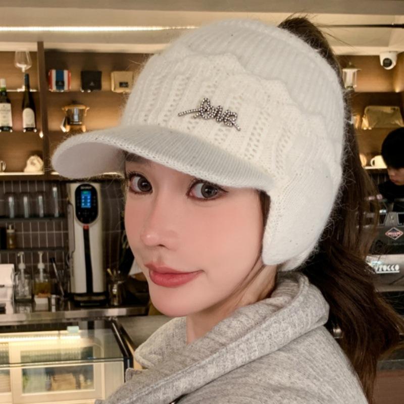 New Faux Rabbit Fur Empty Top Hat Women's Winter Riding Knitted Ear Protection Baseball Cap Fleece Warm Empty Top Running Wool Cap