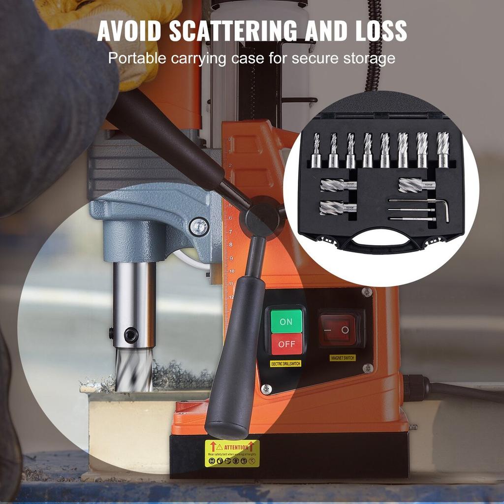 Annular Cutter Set, 13 pcs Weldon Shank Mag Drill Bits, 1" Cutting Depth, 7/16" to 1-1/16" Cutting Diameter, M2AL HSS, 2 Pilot Pins, Hex Wrench and