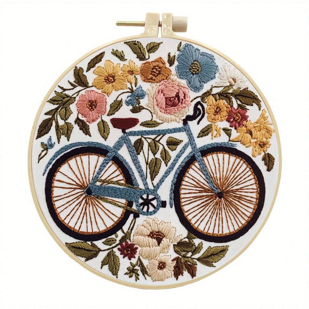 Bicycle Flower Handmade DIY Embroidery Fabric Material Package, Suitable for Embroidery Lovers, Gift for Friends