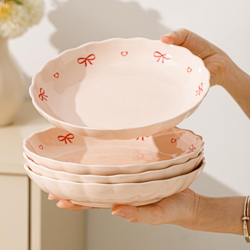 Керамические тарелки с узором из цветов и бабочек, для дома, 8 дюймов, подглазурная роспись, кремовый цвет, высококачественная обеденная посуда, эстетичная, розовая, глубокая тарелка