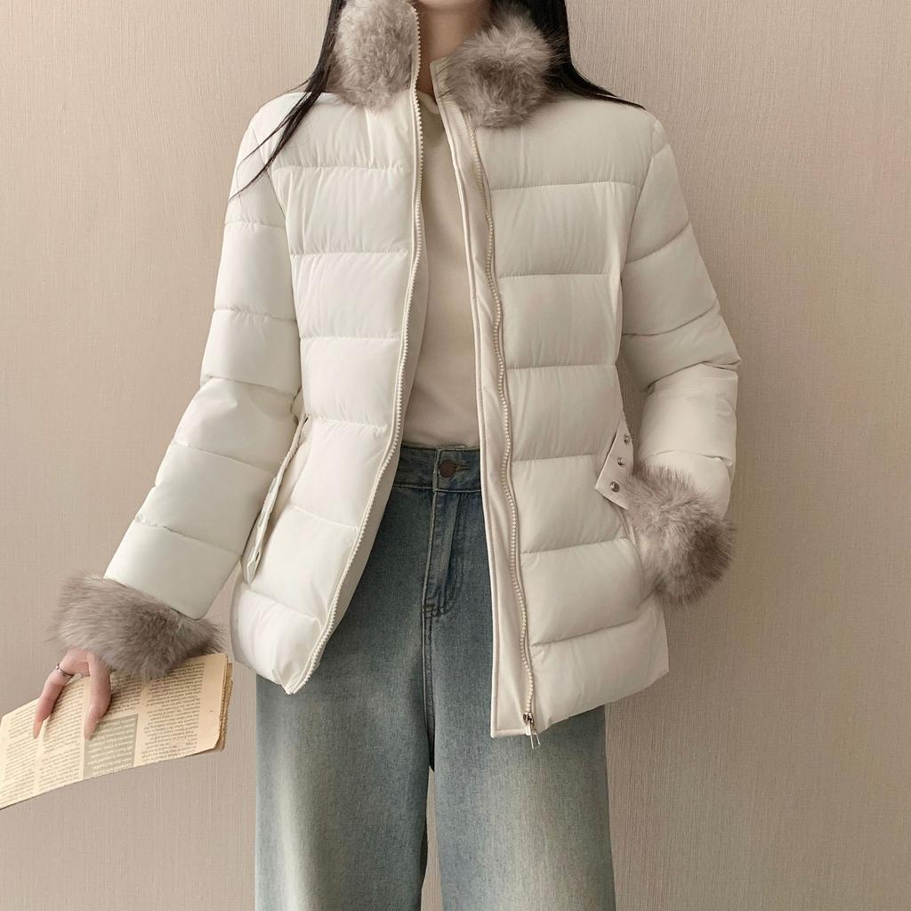 Internet celebrities waist fur collar cotton clothes women, short thickened down cotton jacket, simple solid color winter women's clothing batch