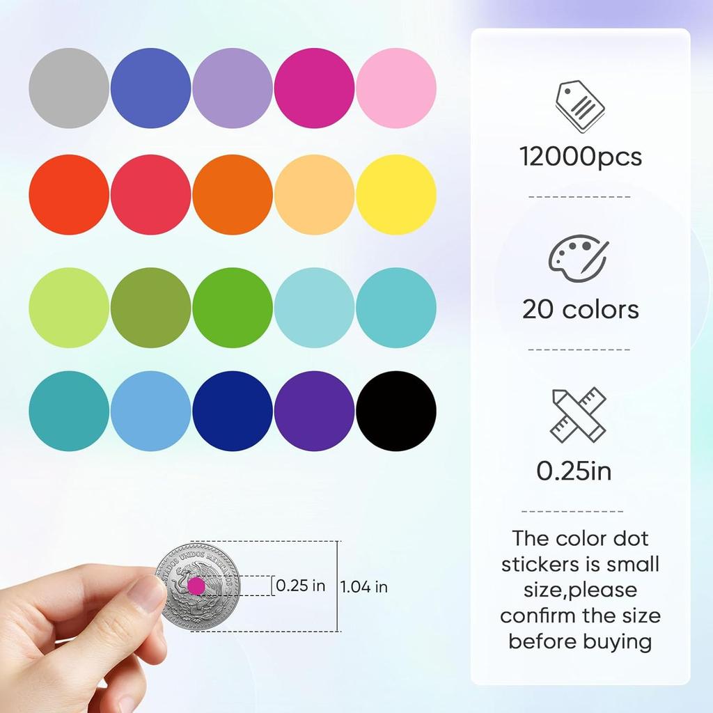12000 PCS Small Colored Dot Stickers, 1/4" Round Color Coding Labels,20 Colors Circle Tiny Dot Stickers for Classroom, Office, Library, Inventory