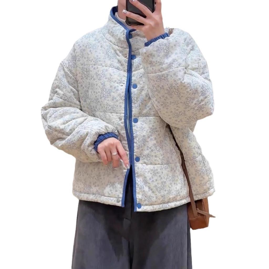 Зимняя корейская хлопковая куртка с цветочным принтом для женщин - Короткая, со стойкой, свободная, толстая, универсальная и теплая.