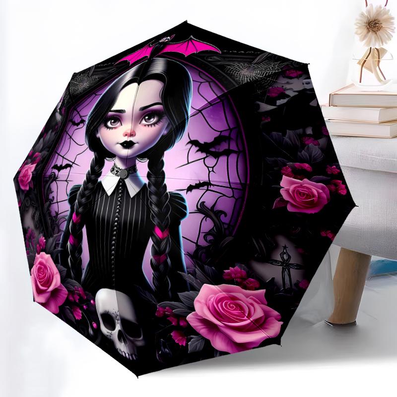 Wednesday Addams Print Automatic Umbrella, 8 Rib Iron Frame, Plastic Handle, Suitable for Outdoor Travel &Daily , Ideal Gift