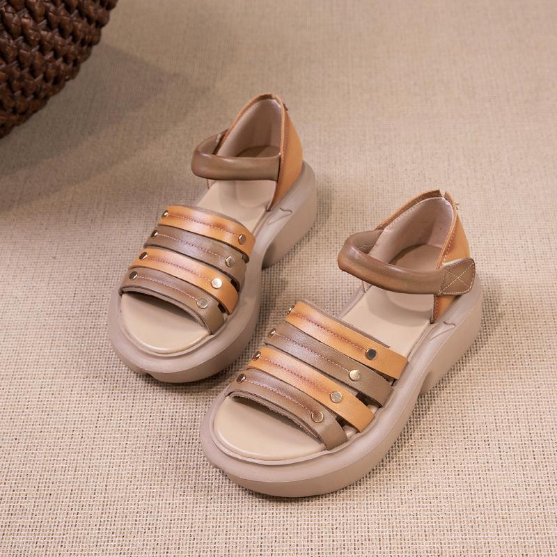 First Layer Cowhide Sandals Women's Summer 2025 New Leather Casual Retro Ethnic Style Velcro Platform Women's Shoes
