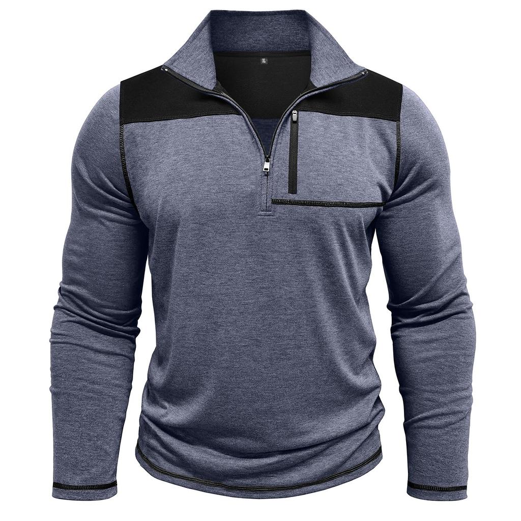 Мужские топы с воротником-стойкой, длинными рукавами, футболки контрастных цветов, свитшоты с застежкой-молнией и нагрудным карманом, повседневная спортивная одежда на осень и весну