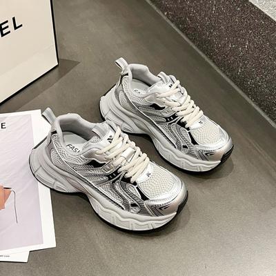 Туфли на платформе женские новые летние сетчатые повседневные туфли серебристо-белые ретро кроссовки наступить на дерьмо