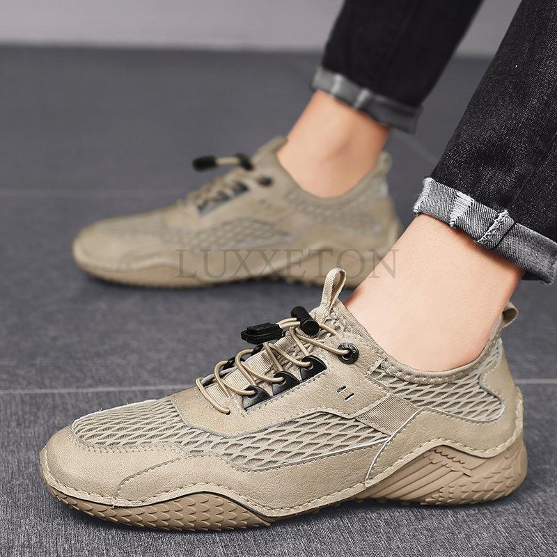 Мужская обувь из натуральной кожи, летние дышащие теннисные мужские сандалии с отверстиями для отдыха на открытом воздухе, сетчатые пляжные серые кроссовки для спорта и отдыха