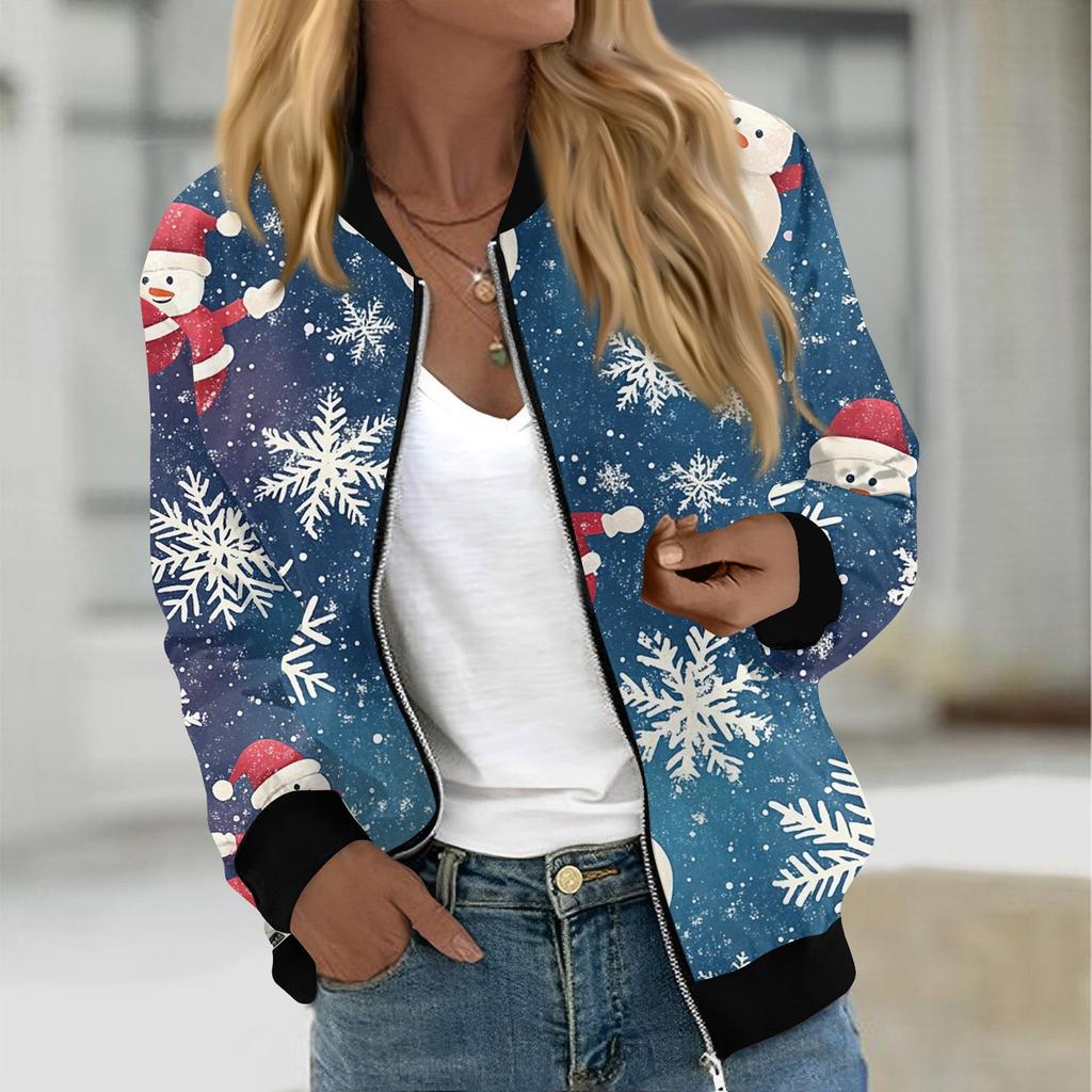 Куртки женские с длинным рукавом, легкие, на молнии, укороченные, модные, с рождественским принтом, верхняя одежда, повседневные, стеганые куртки с карманами