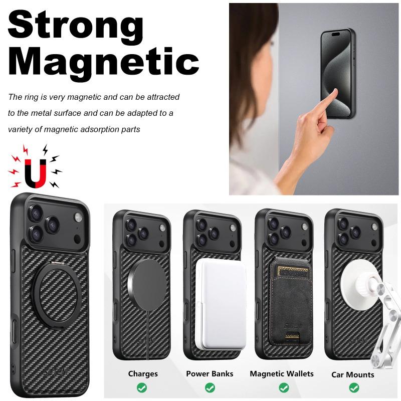 Вращающийся на 360° держатель Кожаный чехол из углеродного волокна Для iPhone 17 Air 17Pro Max 16 Plus 15 14 Pro Магнитная крышка для беспроводной зарядки