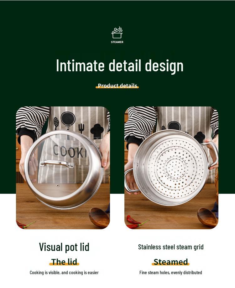 Очень большая пароварка из нержавеющей стали 304 со стеклянной крышкой, 28-34 см, двух/трехъярусная и с композитным дном, стальная ручка