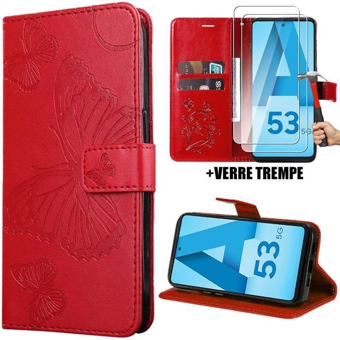 Coque - BOOLING - pour Samsung Galaxy A53 5G - Rouge - Motif Papillon - Effet Cuir- avec 2 Verres Trempés