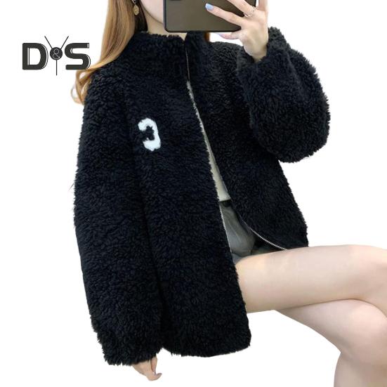 Зимнее женское пальто из утолщенного двухстороннего искусственного флиса, однотонное, воротник-стойка, защита шеи, декор в виде букв, длинные рукава, сохраняющие тепло, для путешествий на свежем воздухе