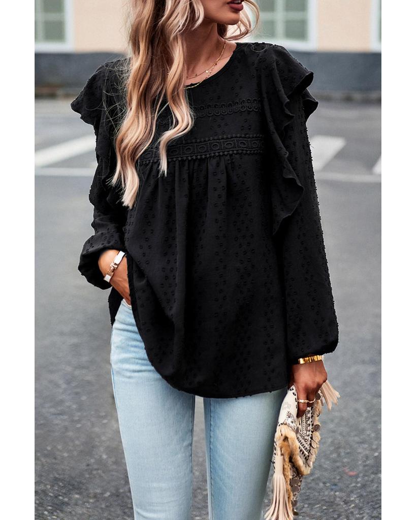 Azura Exchange Черная кружевная блузка с длинным рукавом и оборками на плечах