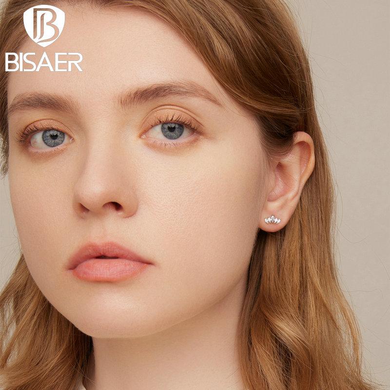 Bisaer 925 Sterling Silver Lightning Stud Earrings for Women Fashion Earrrings Jewerly Wedding Gift Sparkling Ear Studs