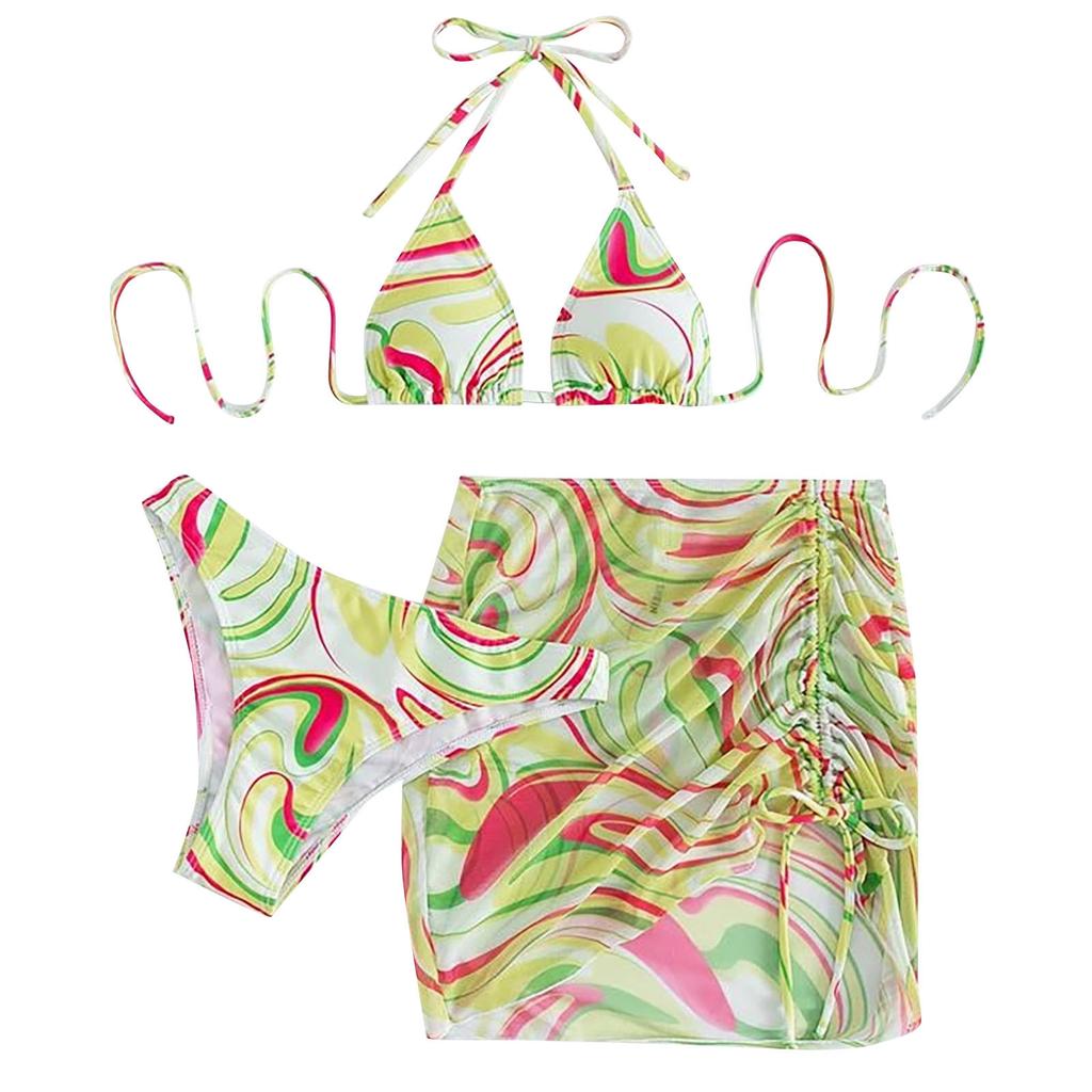 Женский летний модный сексуальный фактурный принт с открытой спиной и шнуровкой на талии, плиссированный завязывающийся бикини, купальник из трех частей