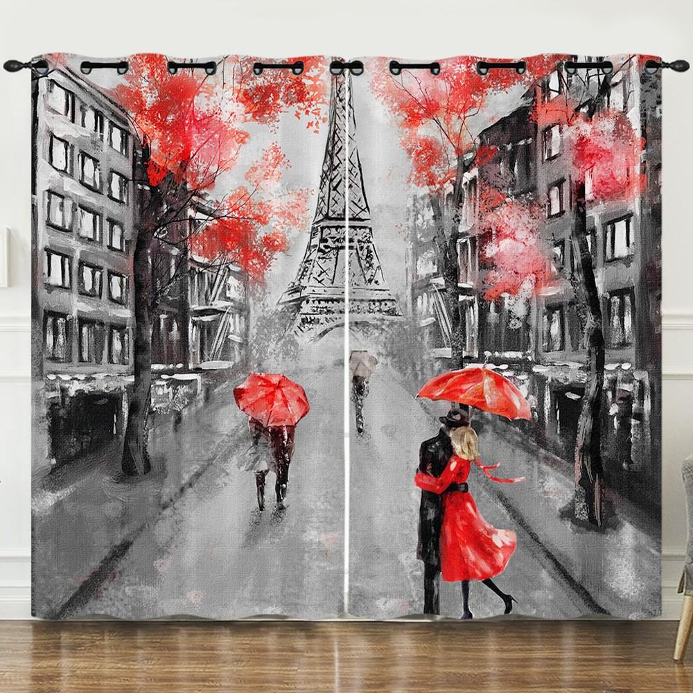 3D Print Modern City Lovers Paris Eiffel Tower Maple Leaf 2 Pieces Curtain for Living Room Bedroom Kitchen Office Decor 2024