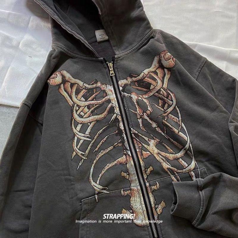 Темный отдел в стиле рок, оверсайз, американская ретро костяная толстовка с капюшоном на молнии, уличный хип-хоп для мужчин и женщин