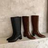 Модные длинные сапоги женские зимние новые ретро коричневые прямые и широкие рыцарские сапоги обувь на платформе коричневые длинные сапоги женские