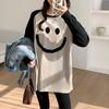 Smiley Face Print Mid-length Raglan Sleeve Design Niche Bottoming Shirt for Women Spring and Autumn New Pure Cotton Lazy Long-sleeved T-shirt