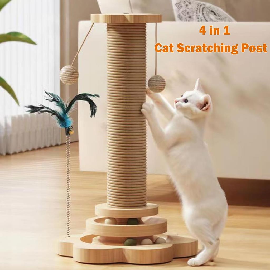 Cat Scratching Post Cat Scratcher Kitten Toys for Indoor Cats, 4-in-1 Interactive Trackball Toys with Cat Teaser 18.1" Tall Wooden Scratch Post Inter