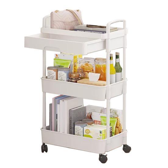 Стеллаж для хранения тележек на колесиках с поворотными колесами на 360 градусов. Конструкция многоярусных полок. Простая сборка. Многофункциональная тележка для хранения.