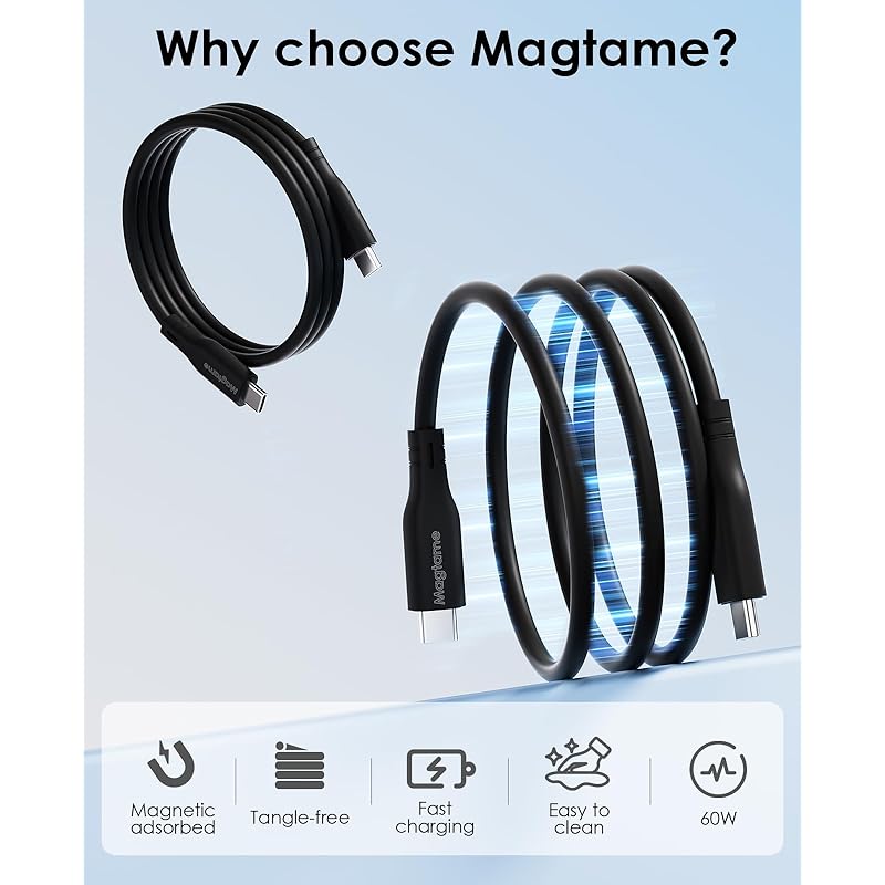 Magtame type c cable silicon material Magnetic attraction prevents tangling type-c cable PD60W fast charging ctoc cable 480Mbps data transfer