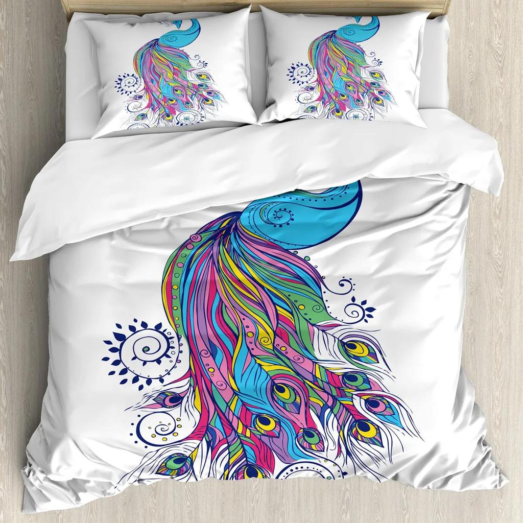 Peacock Duvet Cover Set Rainbow Feather Bedding Set For Bedroom Decor Hippie Tie Dye Polyester Comforter Cover Double Queen Size
