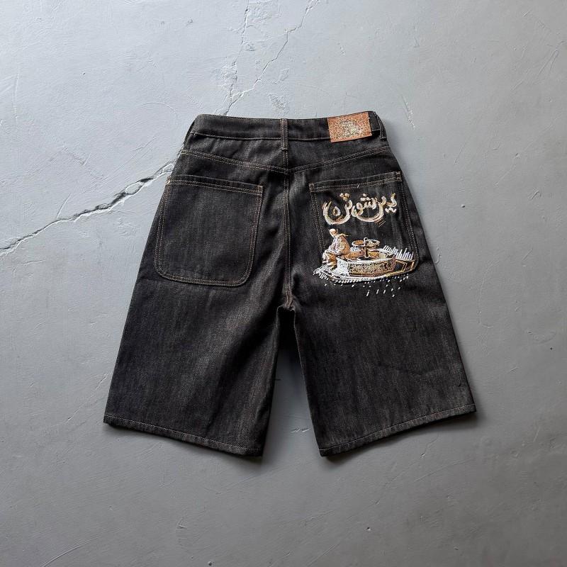 Mens Straight Leg Jeans Heavy Duty Embroidered Statue Denim Pants Street Style Youth Fashion