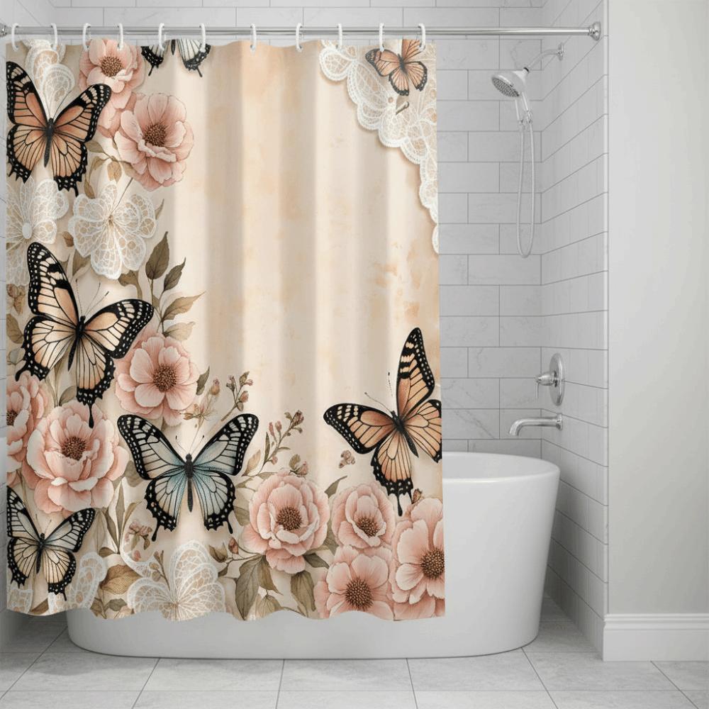 Modern Floral Printed Pink Butterfly Shower Curtain Bathroom Partition Curtain Spring