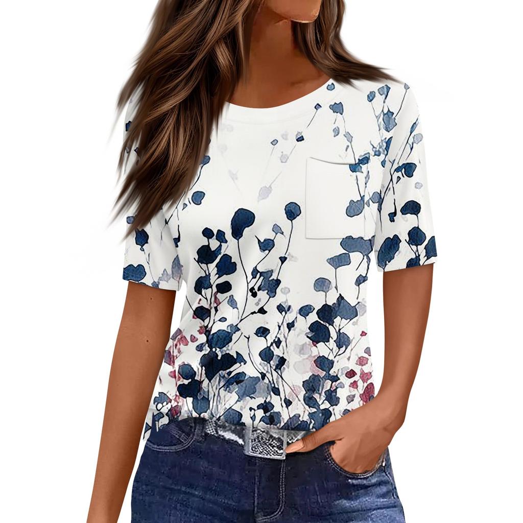 Футболки для женщин, плиссированные, с круглым вырезом, нарядные, повседневные, блузки с принтом, с коротким рукавом, летние топы, свободный крой