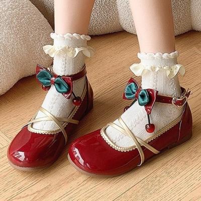 Модные милые туфли-лодочки на низком каблуке с украшением в виде банта и вишни для женщин, милые туфли Мэри Джейн с перекрестной шнуровкой на щиколотке и пряжкой в виде сердца, обувь для платья в стиле Лолита