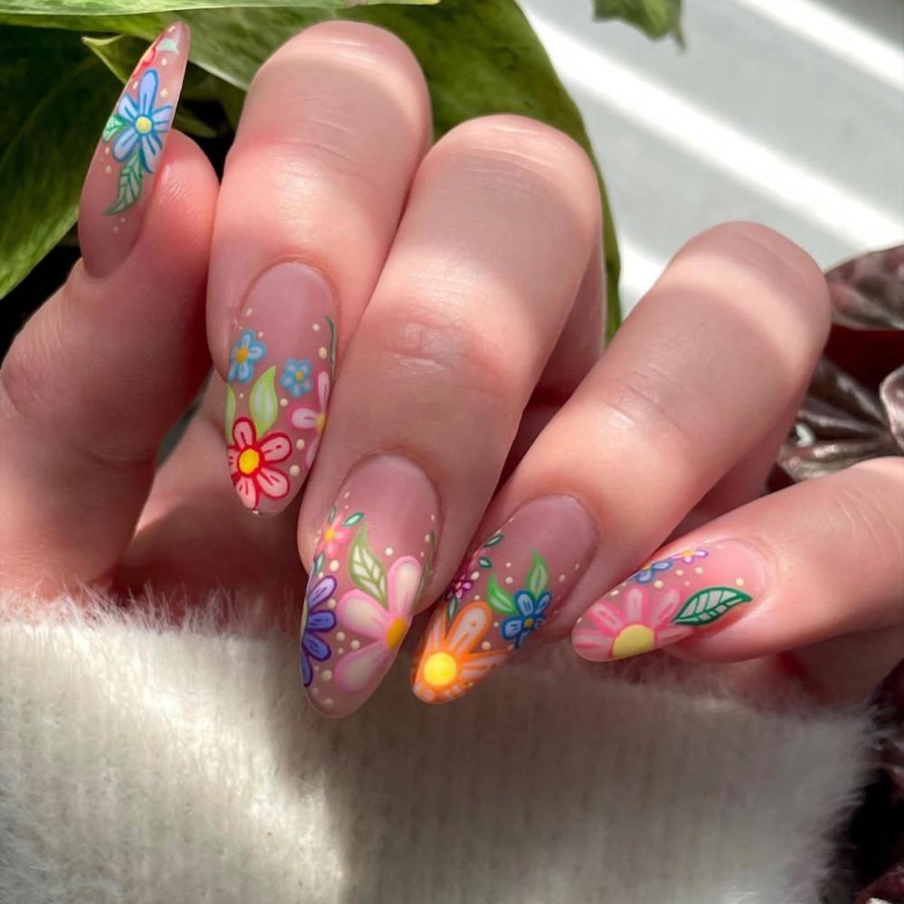Wearable Manicure Almond Fake Nails Spring Press on Nails Detachable 3D Long Fake Nails Girl