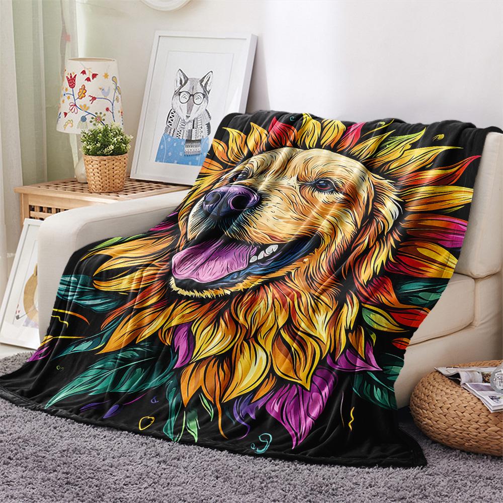 Sunflower Dog Print Flannel Blanket, High quality Comfortable for All Seasons, Home Decor, Warmth and Comfort, Perfect for Christmas Gifts
