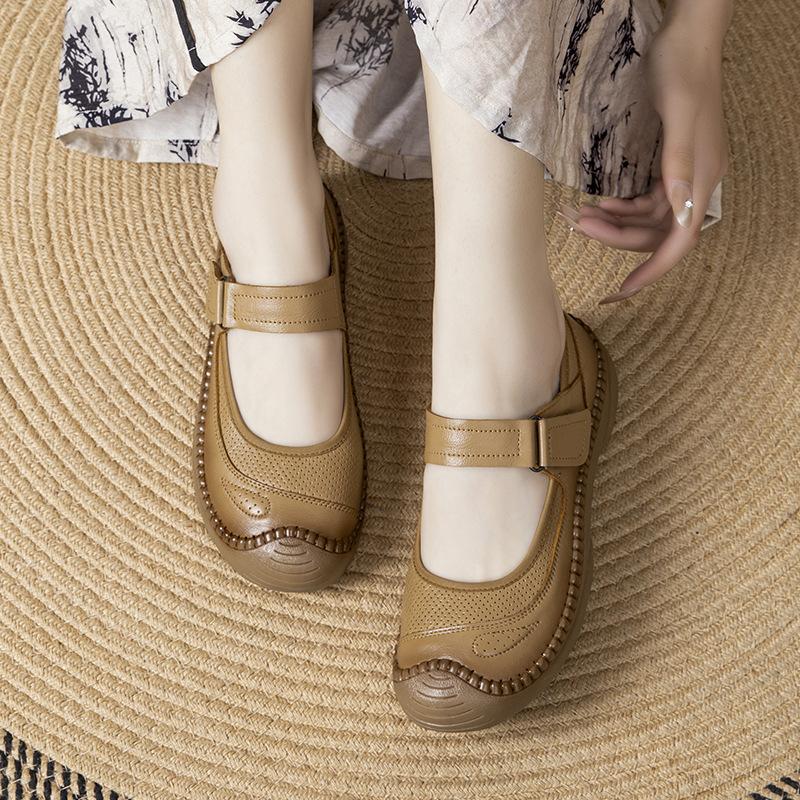 Johnature Genuine Leather Soft Soled Flat Shoes Retro Round Toe Shallow Versatile Comfortable Women's Shoes