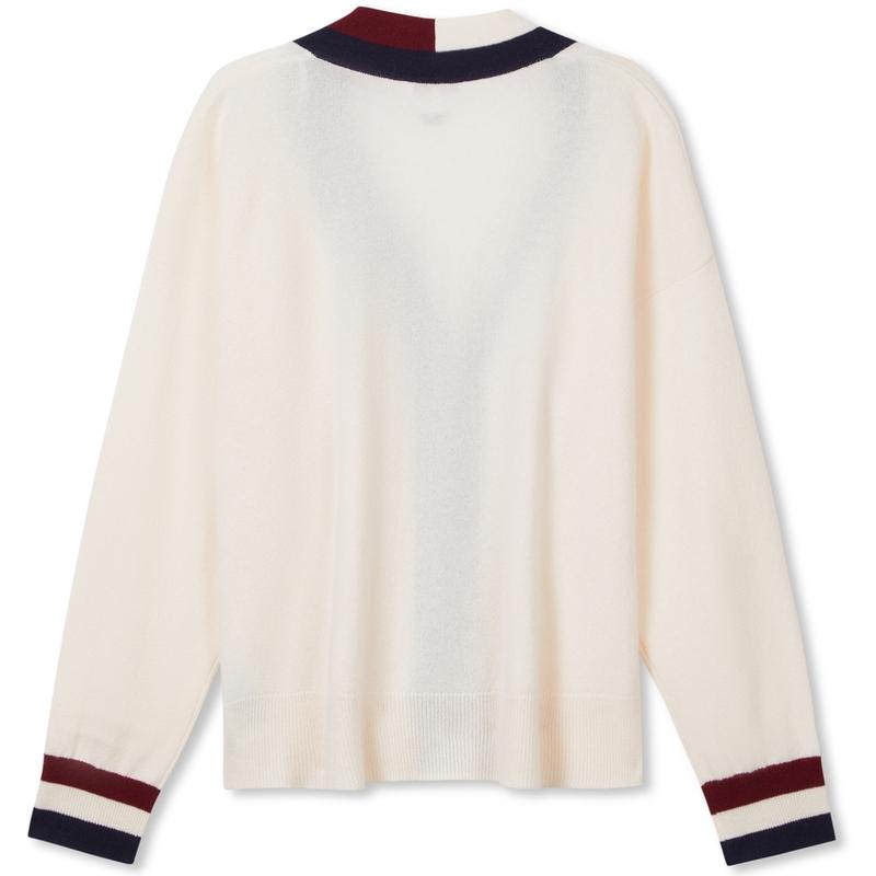 Tommy Hilfiger Классический американский винтаж Колледж Мода Цветные блоки Пуговицы Свободный V-образный вырез Удобный вязаный свитер Женский свитер Цвет: Кремово-белый WW0WW39535