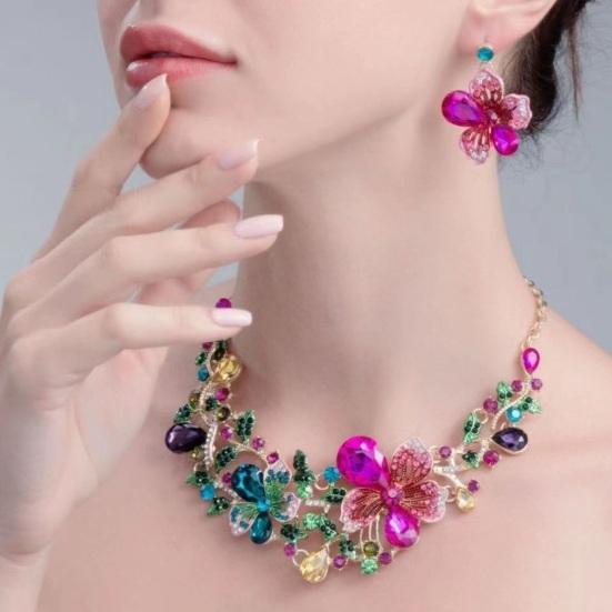 1 комплект, женские серьги-колье, набор красочных страз, цветок, форма листа, полая шея, ювелирные изделия для ушей, роскошные антикоррозийные ювелирные изделия из нержавеющей стали для невесты, выпускного вечера