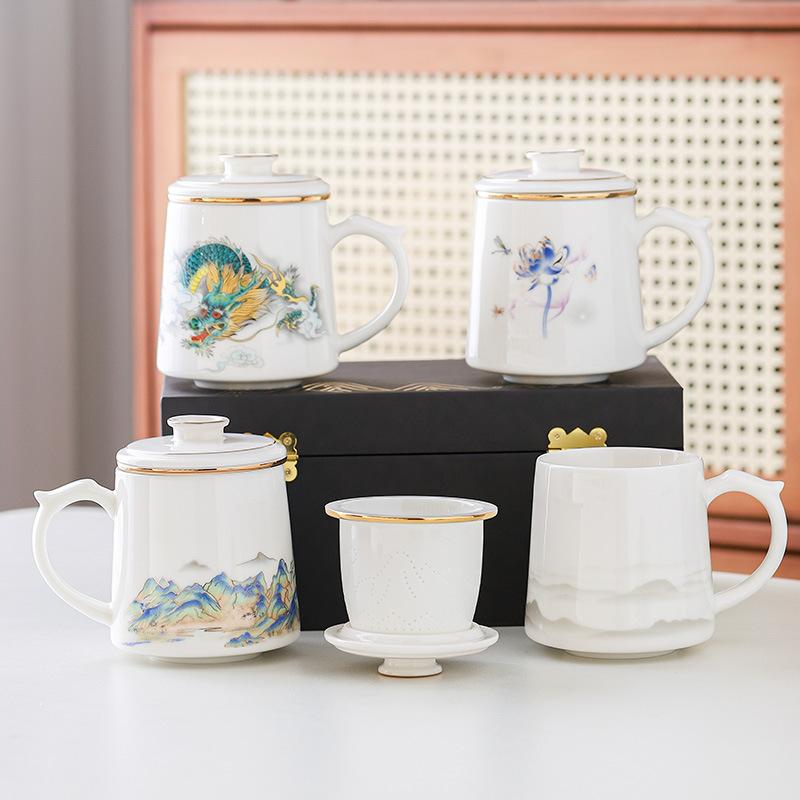 Suet jade porcelain office cup tea separation with lid ceramic tea cup business high-end water cup gift box for customers