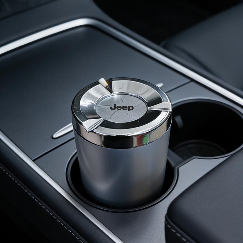 AKI2 Jeep Car Ashtray Premium Stainless Steel with Lid for Renegade Wrangler JK JL Grand Cherokee Compass Auto Interior Accessories